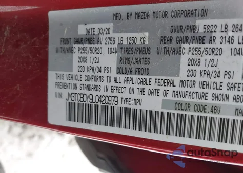 2020 Mazda Cx-9 Grand Touring from USA, damaged, VIN JM3TCBDY9L0420979